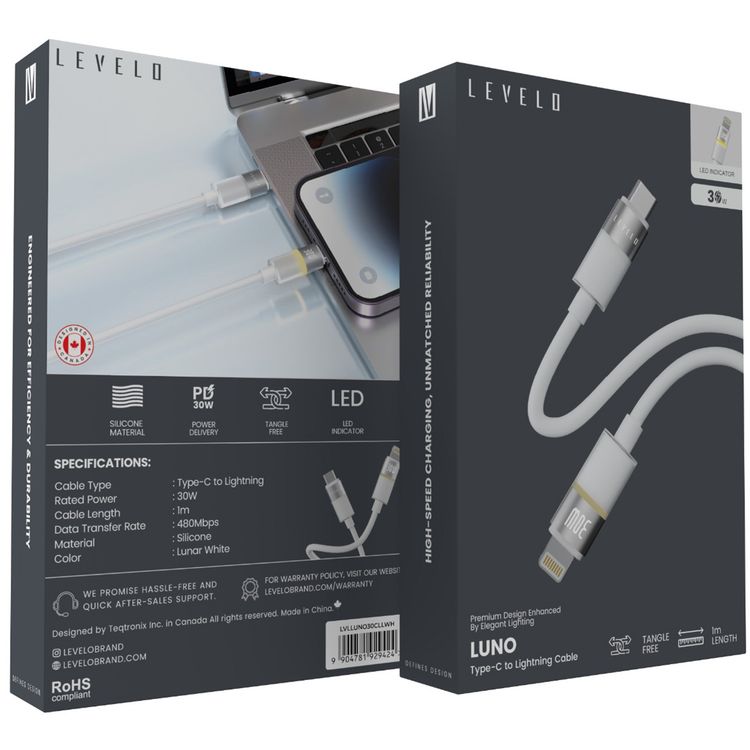 Levelo Luno USB-C to Lightning Cable with 30W Power Delivery, 1m Cable Length, 480Mbps Data Transfer Speed, Silicone Material, Tangle-Free, LED Indicator - Lunar White