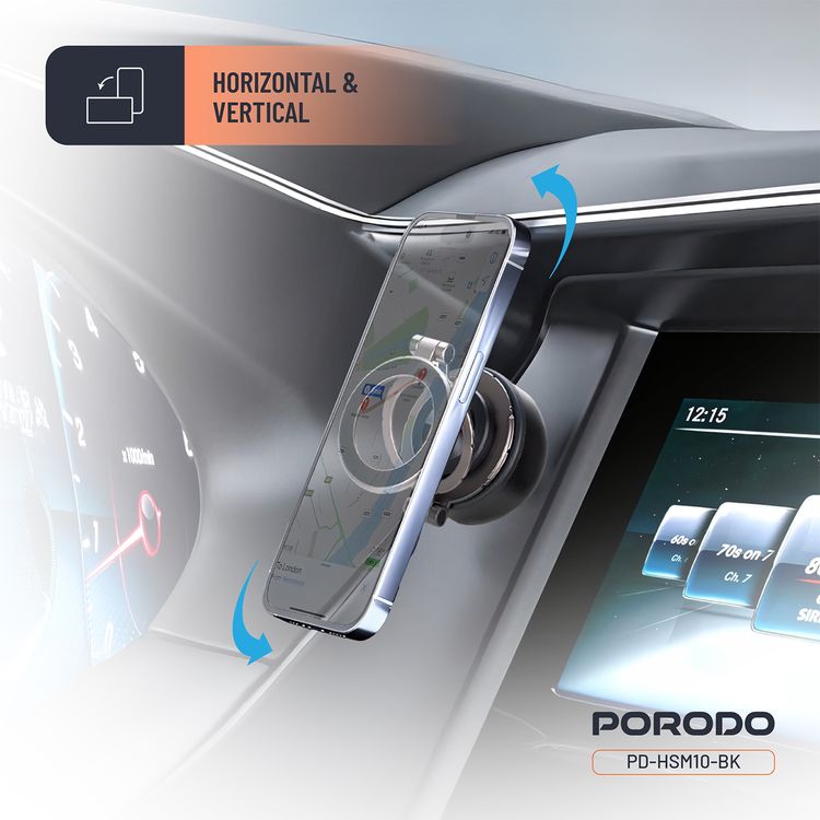 Porodo Vacuseal MagSafe Magnetic Mount with Adjustable Viewing Angle, Horizontal & Vertical Modes, One-Hand Operation, Up to 30 Days Working Time - Black
