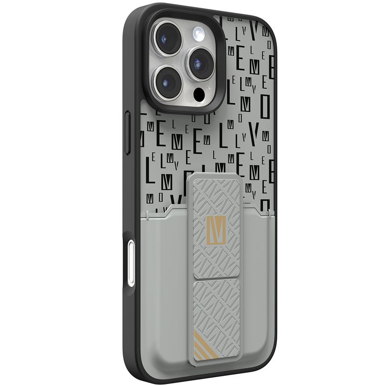 حافظة Levelo Morphix Gripstand مع حامل بطاقات لهاتف iPhone 16 Pro Max، حامل بطاقات مدمج، زوايا مقاومة للصدمات، ملمس نحيف بدون غطاء، حافة كاميرا مرتفعة، مادة فائقة المتانة - رمادي