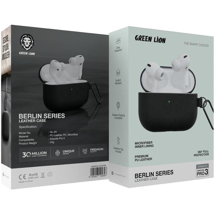 Green Lion Berlin Series Leather Case for AirPods 3, Protective Bumper Design, Drop Protection, Scratch-Resistant, Carabiner Clip Included, Wireless Charging Compatible, 360° Full Protection - Black