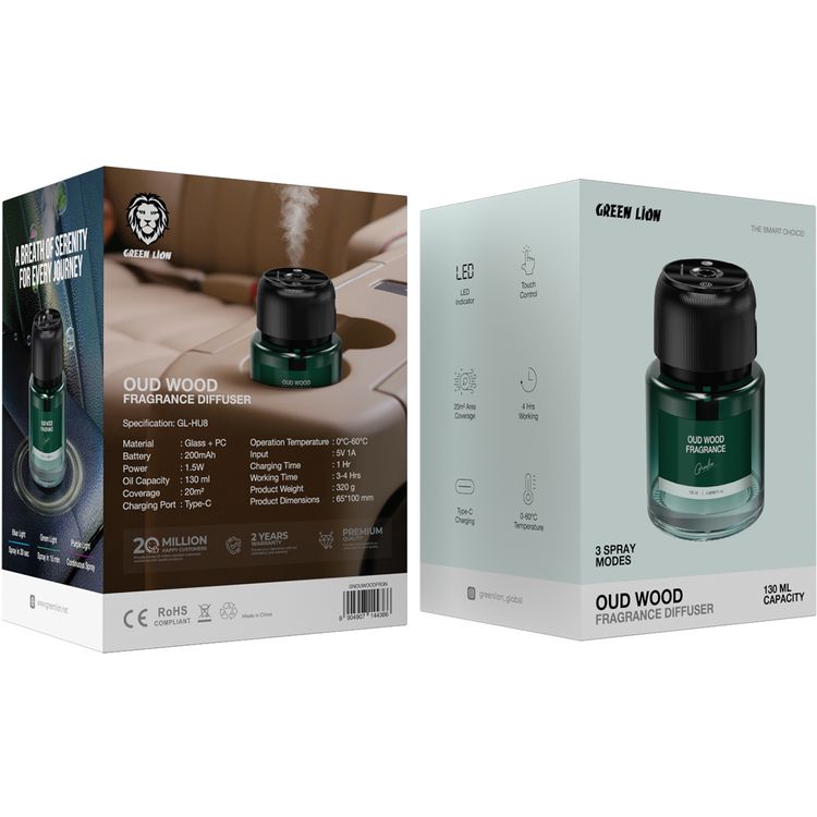 Green Lion Oud Wood Fragrance Diffuser with 130mL Capacity, 3 Spray Modes, Touch Control, LED Indicator, 20m² Area coverage, 4 Hours Working Time, Type-C Charging Port, 0°C-60°C Operation Temperature, 1.5W Power, 1 Hour Charging Time - Green
