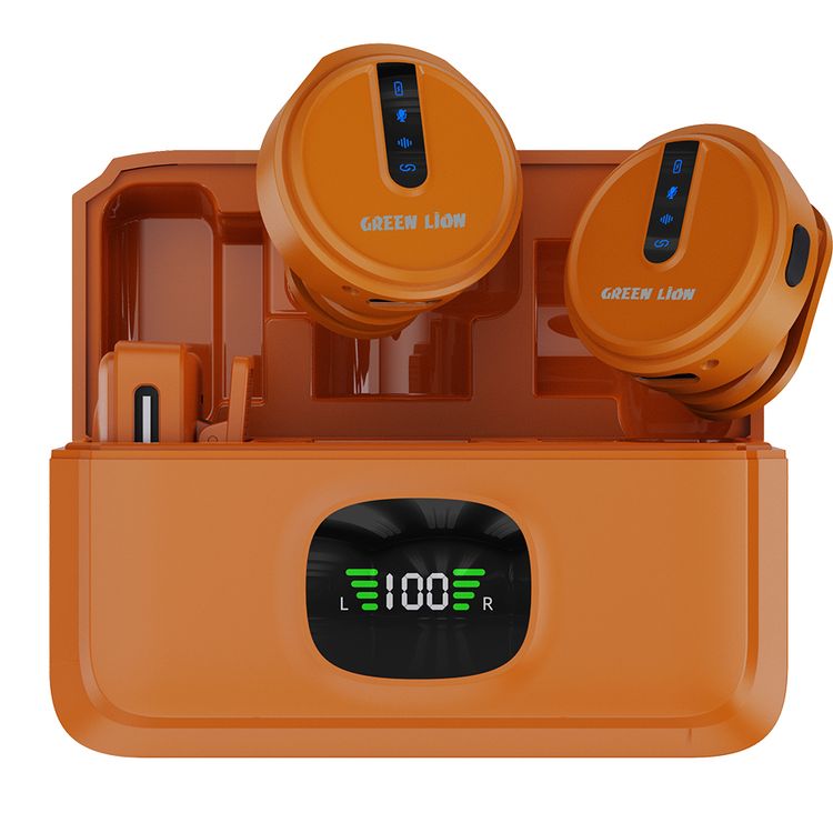 مايكروفون لاسلكي Green Lion GLM Lite مع إلغاء الضوضاء البيئي، ×2 ميكروفونات، مستقبل واحد، يعمل لمدة تصل إلى 7 ساعات، التقاط بزاوية 360°، مدمج ومحمول، مسافة نقل تصل إلى 20 متر، واجهة USB-C، علبة شحن 4 مرات - برتقالي