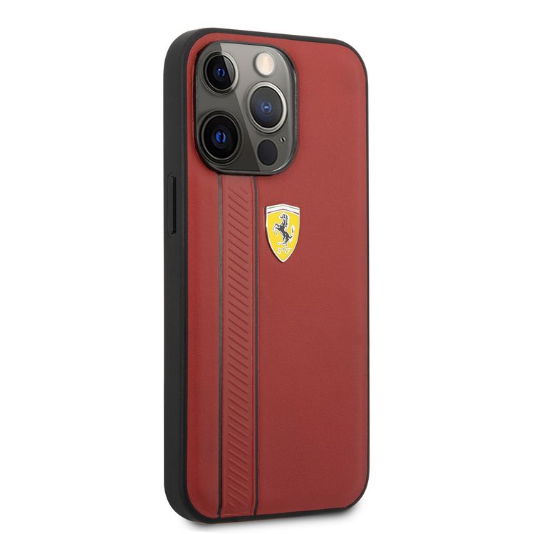 CG MOBILE Ferrari Genuine Leather Hard Case with Debossed Stripes Compatible for iPhone 13 Pro Max (6.7") Shock & Scratches Resistant, Easy Access to All Ports