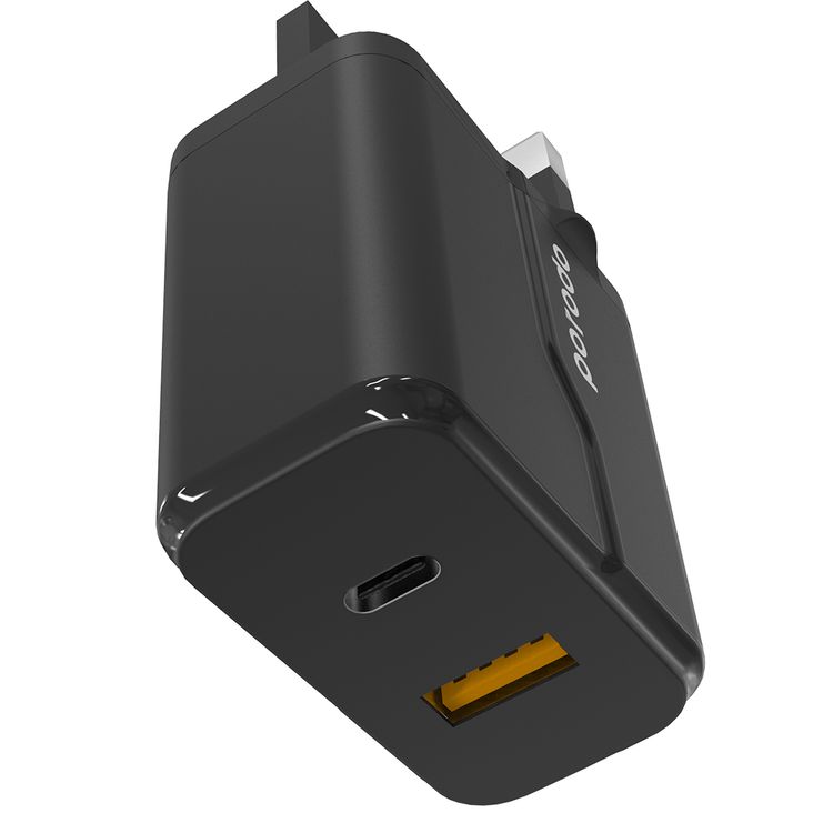 Porodo Dual Port Wall Charger with 20W Power Delivery, QC 18W, Fire Retardant Material, Overcurrent Protection, UK 3-Pin Plug, Built-in Protective Mechanisms - Black