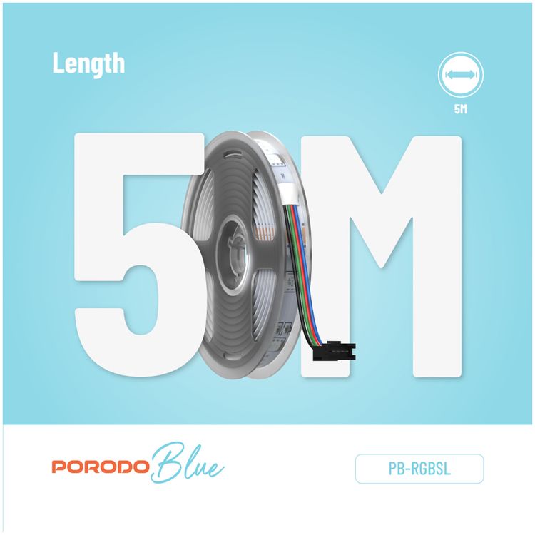 Porodo Blue RGB Light Strip with Sound Reactive Lighting, 5m Length, Jump & Fade Effects, Remote Control - Black
