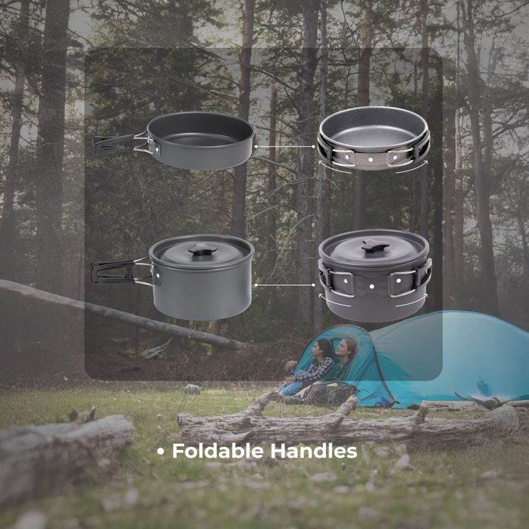 Green Lion 10-in-1 Camping Cookware with Camping Stove, Foldable Soup Spoon, Wooden Shovel, Small Bowl, Foldable Knife, Heat-Resistant Handles - Black