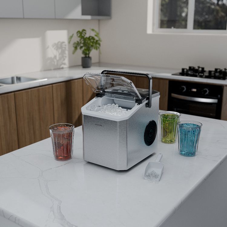 صانع الثلج الفوري جرين ليون آيس ميت مع شاشة تحكم باللمس، قدرة طاقة مصنفة 130 واط، سعة خزان مياه 1.3 لتر، سعة سلة الثلج 0.5 كجم، قابس BS بطول 1.2 متر، رصاصات صغيرة وكبيرة، مؤشر إضافة الماء ومؤشر امتلاء الثلج.