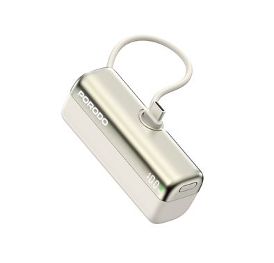 Porodo Pocket Volt 5000mAh Power Bank with Built-in Type-C Connector, 22.5W Power Delivery, Fast Charging Support, Compact Design, 15W Total Output - White
