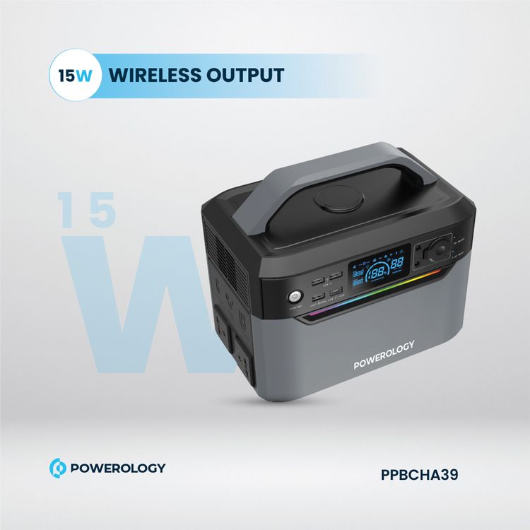 Powerology 600W Power Generator with Dual AC Sockets, USB-C, Dual USB-A & Wireless Outputs, Built-in Flashlight, 120000mAh Battery Capacity, Solar Charging Capability, Portable Design - Black