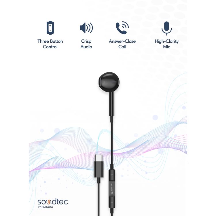 Porodo Soundtec Mono Earphone with Type-C Connector, 3-Button Controls, High-Clarity Microphone, 120 cm Cable Length - Black