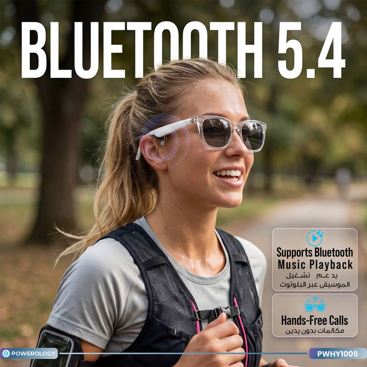 Powerology Smart Audio Sunglasses with UV Protection, Smart Touch Control, 6 Hours Talk Time, 8 Hours Play Time, Magnetic Charging, 2 x 90mAh Battery Capacity, Bluetooth Version 5.4, 15m Transmission Distance, Smart Sleep Mode, Auto-Pairing, Low Latency - Black