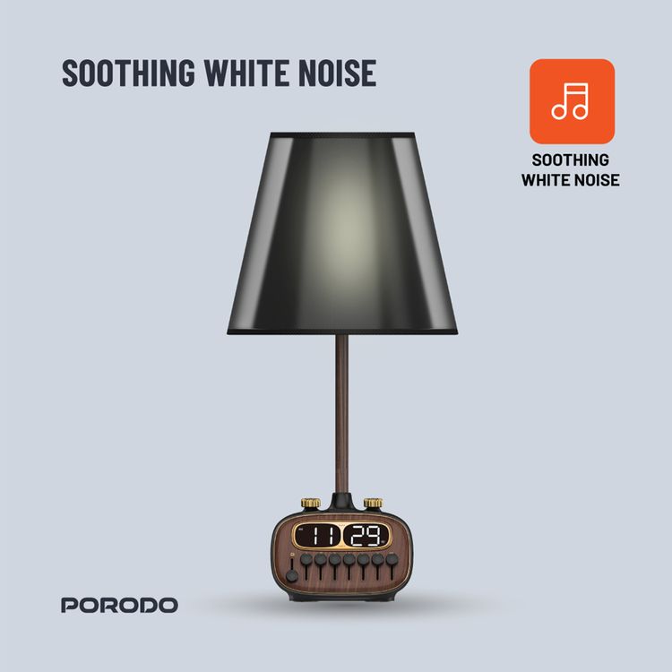 Porodo Retro Desk Lamp White-Noise & BT Speaker, Alarm and Snooze Function, Screen Display, 3 Brightness Levels (Low, Medium, High), Charging Ability, 8 Nature Sounds, USB-A Charging Port - Black 