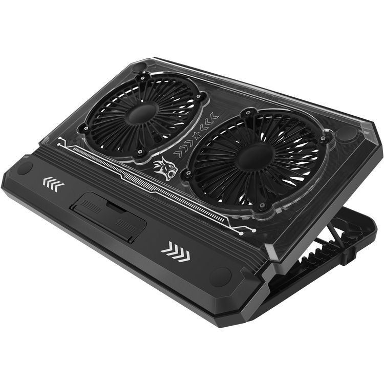 Porodo Gaming Crystal Shell Laptop Cooling Pad with Phone Holder, ABS, Metal & PC Material, 2 Fans, USB-A & USB-C Ports, 10-17" Devices Compatible, Anti-Slip Base, Ergonomic Design, Plug & Play - Black 