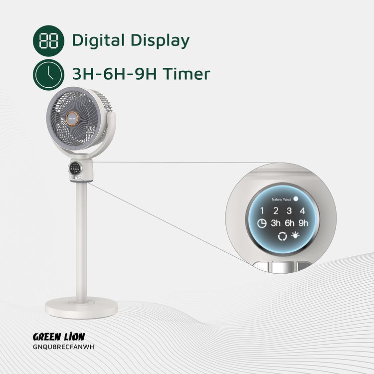 Green Lion Quad Flex Fan with Precision 4-Height Lock, Digital Display, Removable Windshield, Lightweight Design, Natural Wind Mode, Remote Control, LED Night Light, 4-8 Hours Working Time - White 