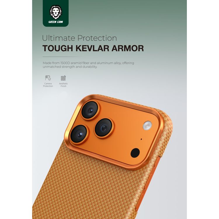 Green Lion Magsafe Kevlar Case for iPhone 17 Pro Max, Comfortable Grip, Aluminum Alloy Guard, Drop Protection, Lightweight Design, Ultra-Slim - Orange