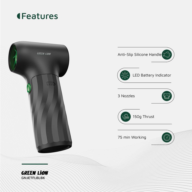 Green Lion Jetflow Air Blower with ABS & PC Material, 3× 2000mAh Battery Capacity, 3-Level Gear, Type-C Charging Port, 4 Hours Charging Time, 15-75 Minutes Working Time, LED Battery Indicator - Black