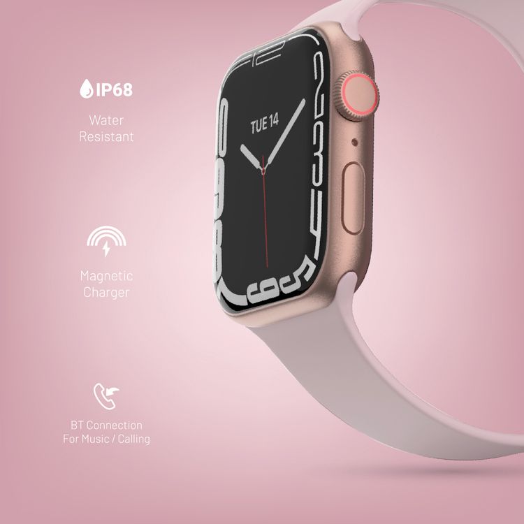 Porodo Smart Watch Series 8+ with Fitness & Activity Tracker, 2" Wide Display, 250mAh Battery Capacity, IP68, 2-3 Days Working Time, Wireless Charging - Pink