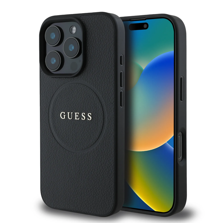 Guess Magsafe PU Grained with Gold Ring and Logo Case for iPhone 16 Pro Max, High Quality Material, Comfortable and Secure Grip, Lightweight - Black