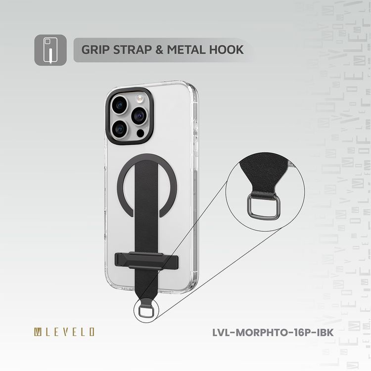 Levelo Morphix Trio Case for iPhone 16 Pro with Built-in Kickstand, Metal Camera Edge, MagSafe Compatible, Impact-Resistant Corners, Grip Strap & Metal Hook, Anti Yellowing - Ink Black