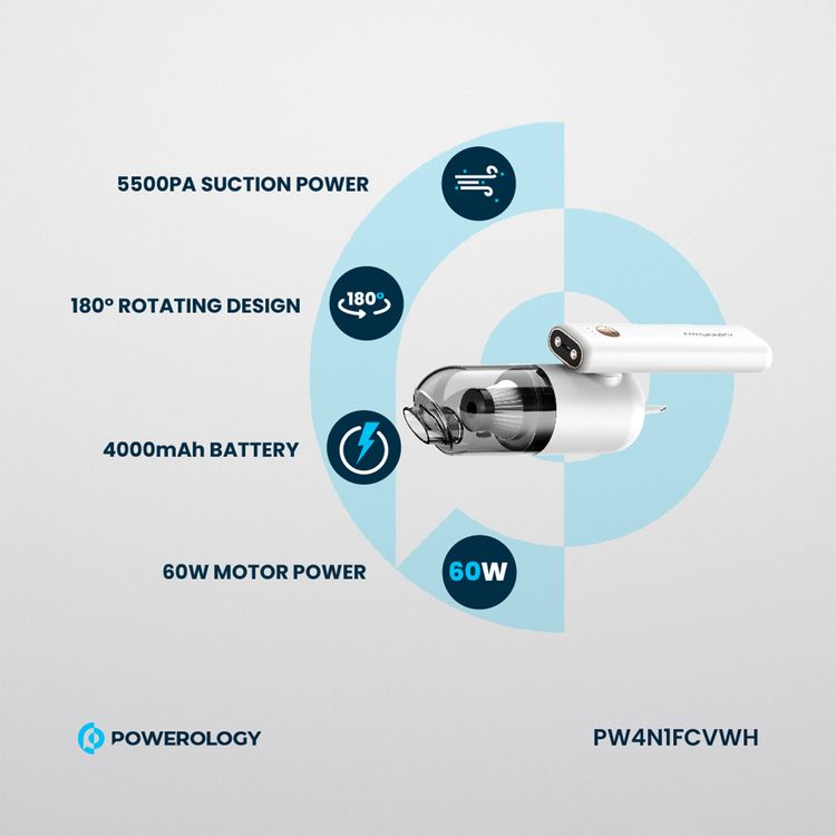 Powerology 4 in 1 180° Foldable Car Vacuum Cleaner with Type-C Charging Port, LED Indicator and 4 Nozzles - White