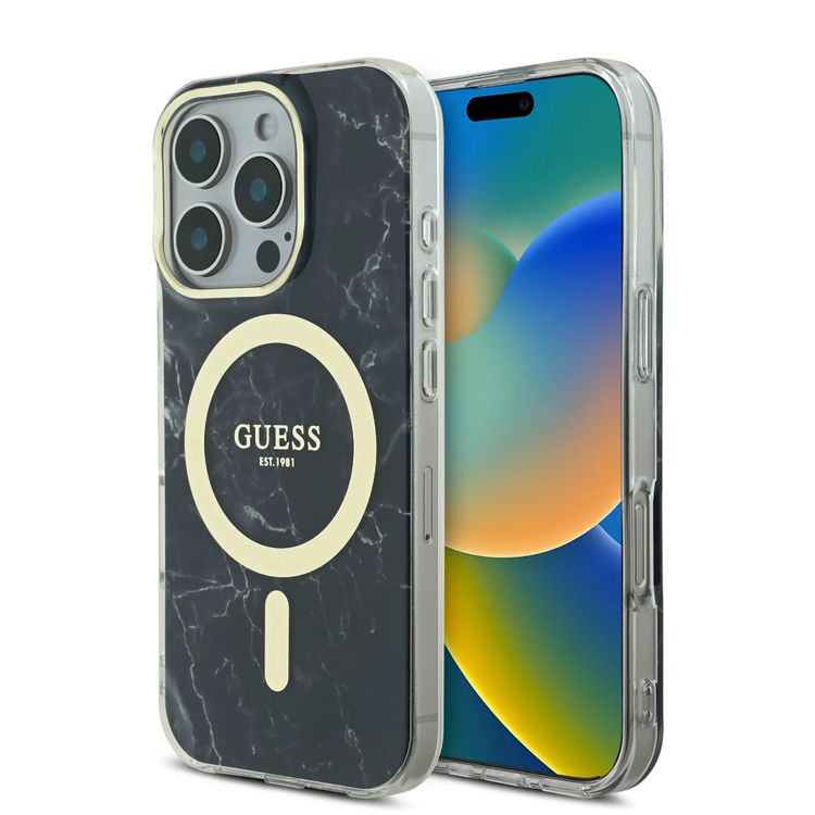 Guess Magsafe IML Hard Case with Marble Design for iPhone 16 Pro Max, Comfortable Grip, Easy Snap-On, Precise Port Cutouts - Black