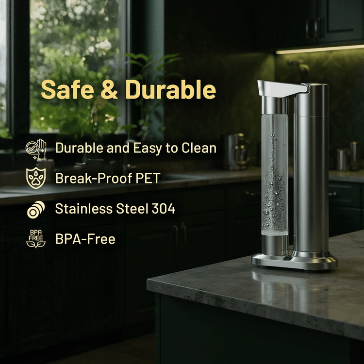 LePresso Fizznest Sparkling Water Machine with Slow-Fast Releasing System, 800mL Sparkling Water Capacity, Compatible with CO2 Capsule Chargers, Dual-Bottle, Stainless Steel 304 Material, Explosion-Proof Pet, BPA-Free Design - Silver