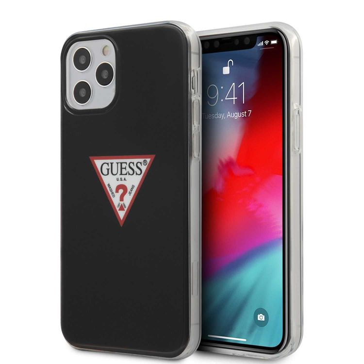 CG Mobile Guess PC/TPU Triangle Logo Hard Case, Easy Access to All Ports, Anti-Scratch, Shock-Absorption & Drop Protection Back Cover Compatible for iPhone 12 / 12 Pro ( 6.1" ) - Black