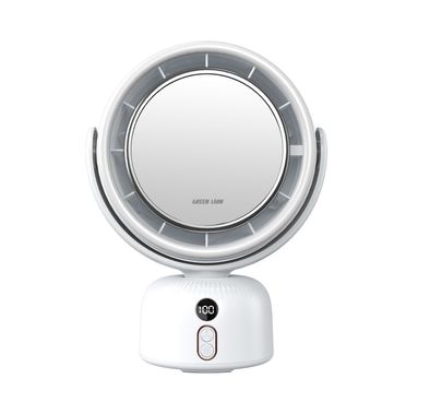 Green Lion Makeup Mirror with Fan, 5 Levels Fan Speed & 3 Light Modes, Up to 11 Hours Working Time, USB-C Charging Port, Adjustable Rotation, Digital Display, Anti-Slip Base, 51 LED Lights, 5400mAh Battery - White