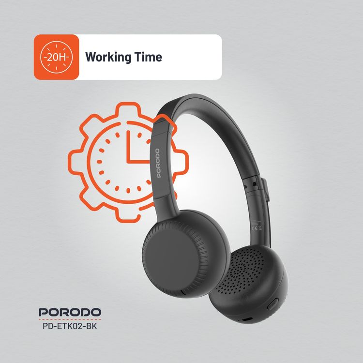 Porodo Office Wireless Headset with 20 Hours Working Time, Mute Button, Crystal Clear Microphone, USB-C Charging Port, 1 Hour Charging Time, Bluetooth Version 5.3 - Black