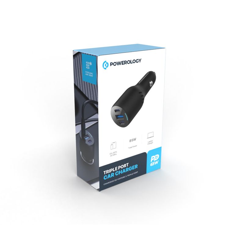 Powerology Triple Ports Car Charger with 65W Power Delivery, QC18W, Laptop Charger, Patented Design, 85W Total Power, Built-In Safe Guards - Black 