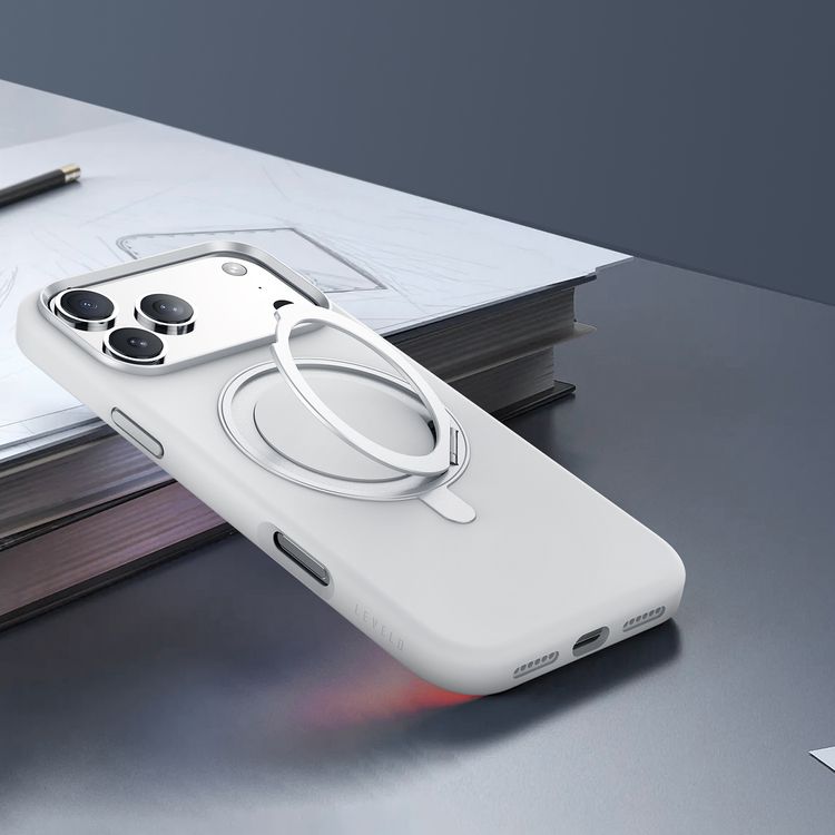 Levelo Iris Pro MagSafe Liquid Silicone Case with Built-in 360° Kickstand for iPhone 17 Pro, Metal Accents, Shock-Resistant Bumper, Aluminum Alloy Frame for Camera & Buttons, Drop-Tested, Strong Magnets, Premium Silicone Grip - Silver