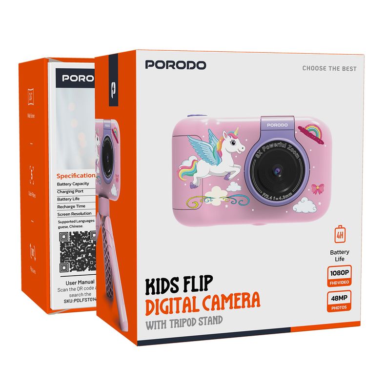 Porodo Lifestyle Kids Flip Digital Camera with Tripod Stand, Type-C Charging Port, 2.4" Wide Screen, 1000mAh Battery Capacity - Pink 