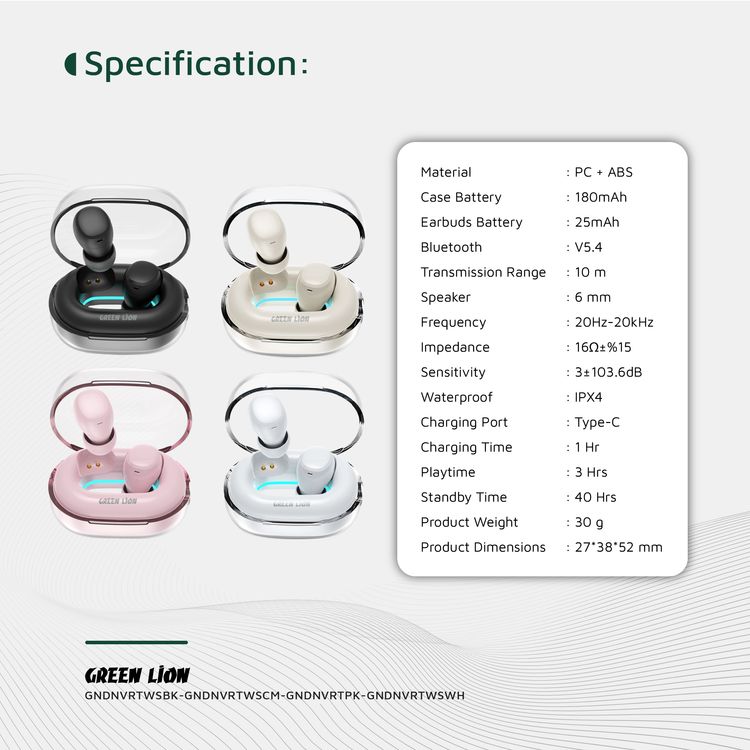 Green Lion Denver True Wireless Earbuds with IPX4 Waterproof, Voice Assistant, In-ear Comfort, Dual-Mic, Touch Control, 3 Hours Playtime - Cream