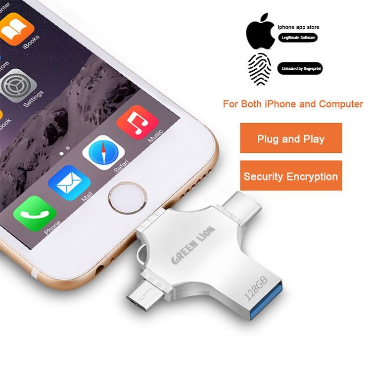 Green Lion 4-in-1 USB Flash Drive 128GB with High Speed Data Transfer, USB-A, USB-C, Micro USB & Lightning Connectors - Silver