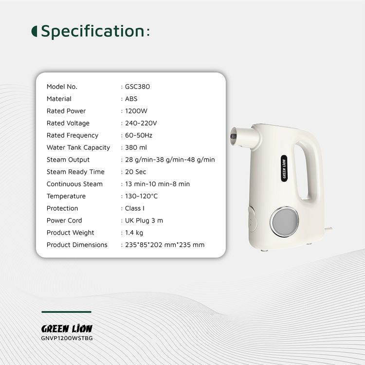 منظف البخار برو من جرين ليون مع شاشة تحكم باللمس، قدرة طاقة 1200 واط، سعة خزان الماء 380 مل، 8-13 دقيقة بخار مستمر، تنظيف بالبخار بثلاث مستويات - بلون البيج