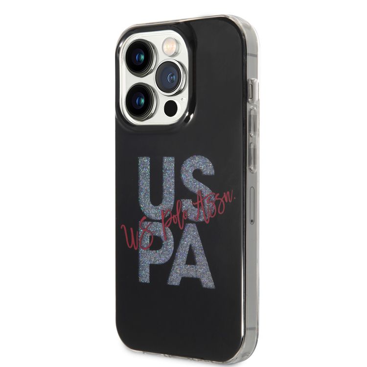 U.S.Polo Assn. IML Glitter Script Card Case for iPhone 15 Pro - Black - أسود