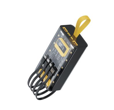 Green Lion Transparent Pro Power Bank 20000 mAh, PD 20W, Fast Charging, Micro & Type-C & Lightning & USB- A Built-in Cables, Digital Display - Black / Yellow