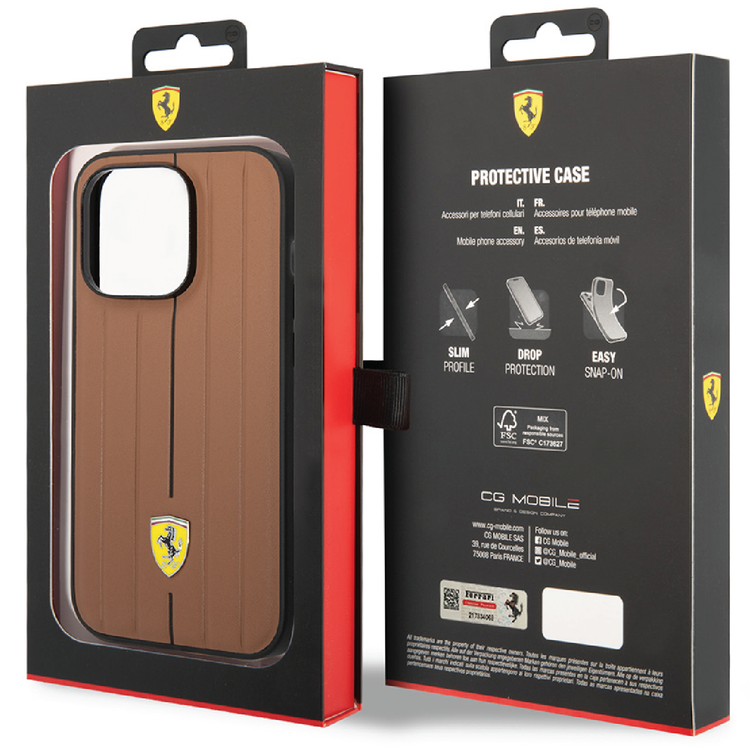 Ferrari Leather Case With Embossed Stripes & Yellow Shield Logo - iPhone 14 - Camel