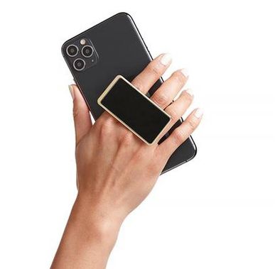 مقبض وحامل مطليان بالكهرباء من الجلد الناعم ، أزواج مع أي هاتف ذكي ، مسند متعدد الوظائف متوافق مع الشحن اللاسلكي - أسود / ذهبي