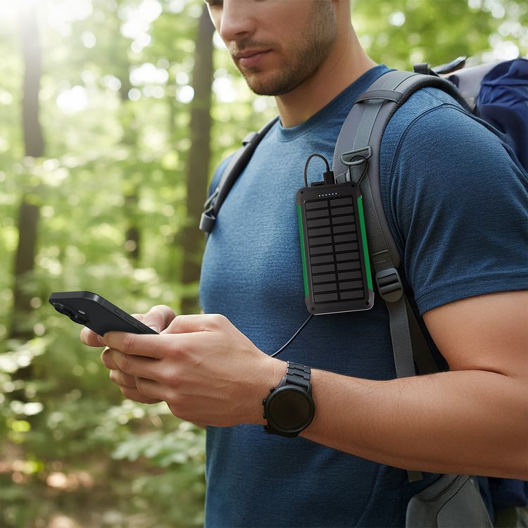 Green Lion Solar Trex 10000mAh Power Bank with 20W Fast Charging, ]IP65 Dust & Water Resistant, Built-in Type-C & Lightning Cables, Wireless Charging, Built-in Safeguards, TPU + Silicone + PU Material - Black