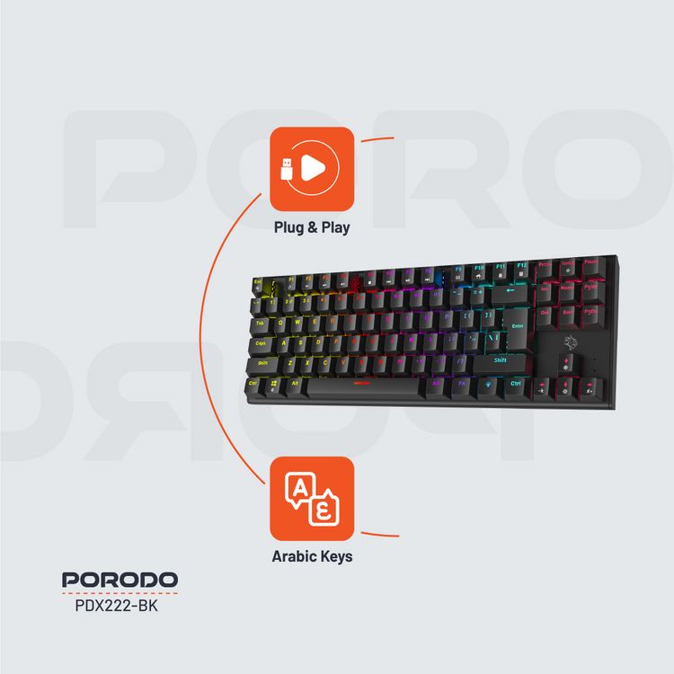 Porodo Gaming TKL Mechanical Keyboard with 12 RGB Light Modes, 25 Anti-Ghosting Keys, 50 Million Clicks Lifespan, 1.5m PVC Cable, Plug & Play, English & Arabic Keys - Black
