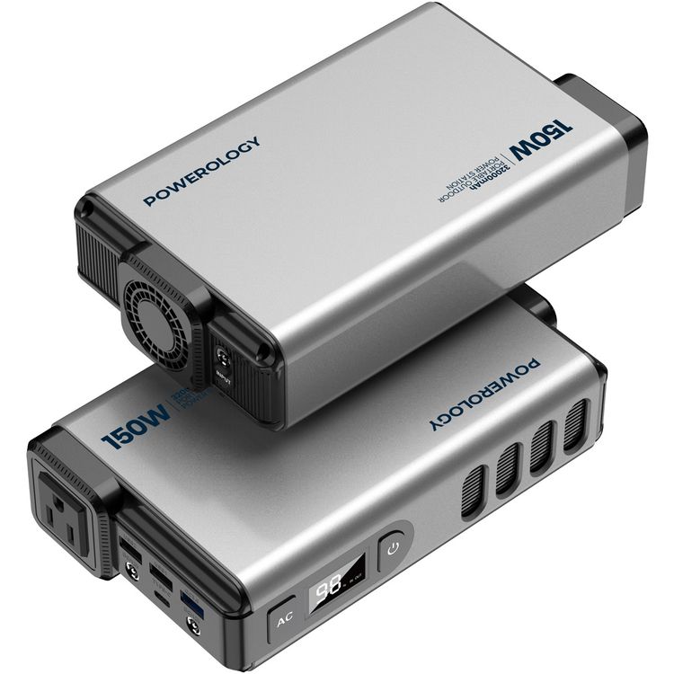  Powerology 32000mAh Mini Power Station with 150W AC Output, Advanced Cooling Technology, PD 100W, Laptop Charger - Gray