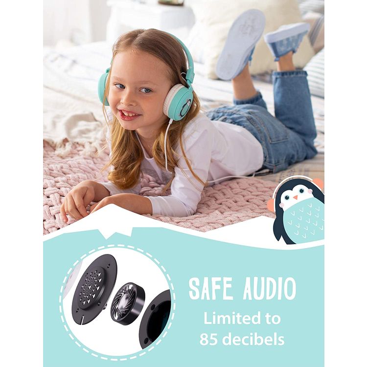 Planet Buddies Kids Wired Headphones with 85 dB Volume Limited, Plug and Play, Lightweight and Comfortable Design, 40 mm Driver Size, Adjustable Headband Suitable for Children (Penguin) - Light Blue