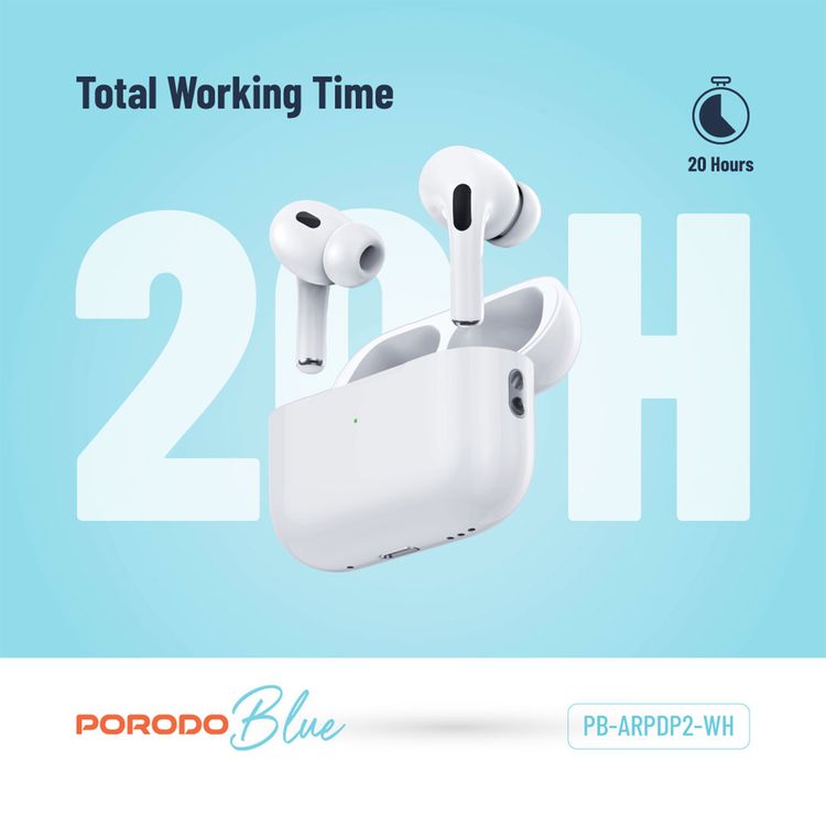 Porodo Blue Earbuds Pro 2 With Swipe Volume, 20 Hours Working Time, Wireless Charging, Deep Bass, Independent Earbuds, Touch Control -  White