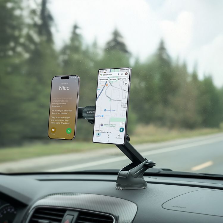 Porodo DAX-L Dual MagSafe Car Phone Mount with 360° Adjustable Telescopic Arm, Dual Phone Holder, Strong Suction Base, Lock and Unlock Function, ABS Material, Adjustable Height, Multi-Surface Mounting, 15× Strong N52 Magnets - Black