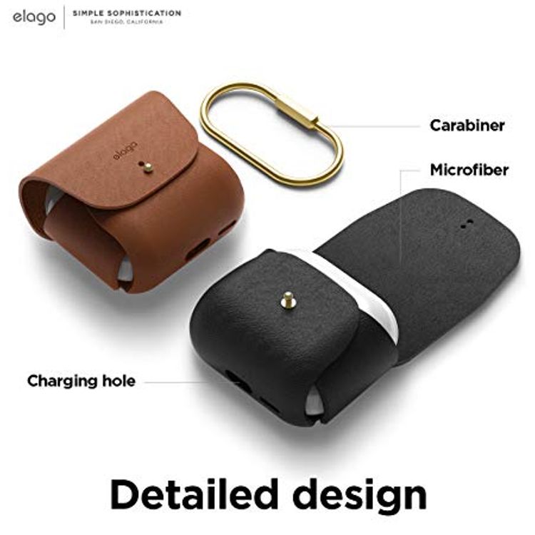 Elago Leather Case with Keychain Compatible with AirPods 3 Case, Natural Cowhide Leather Case with Brass Ring Holder, Supports Wireless Charging - Black