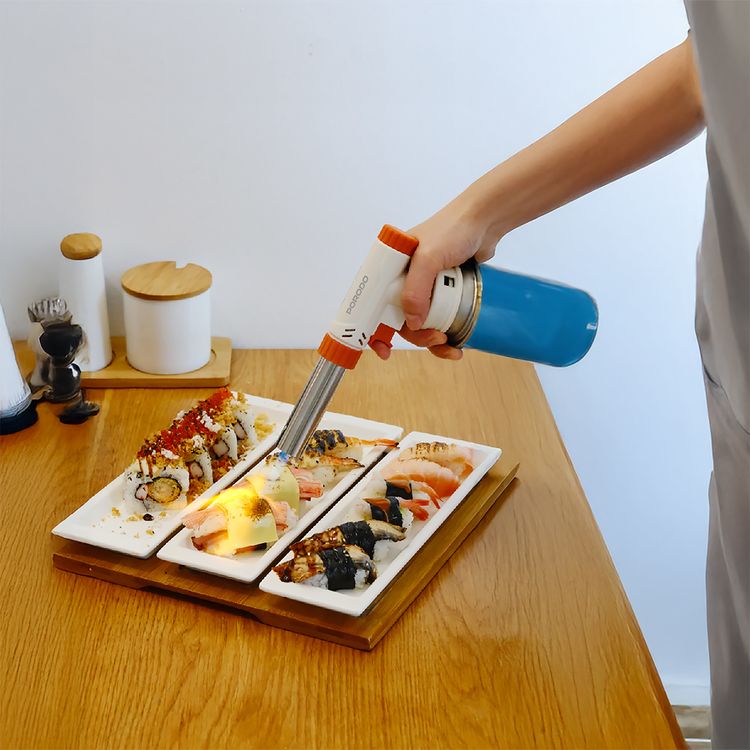 Porodo Dual-Mode Butane Gas Torch with Piezo Ignition, 1.3kW Max Heat Input, 0.27mm Injector Size, 2 Adjustable Flame Modes, 1500°C Maximum Temperature, 110g/h Gas Consumption - Cream White / Orange