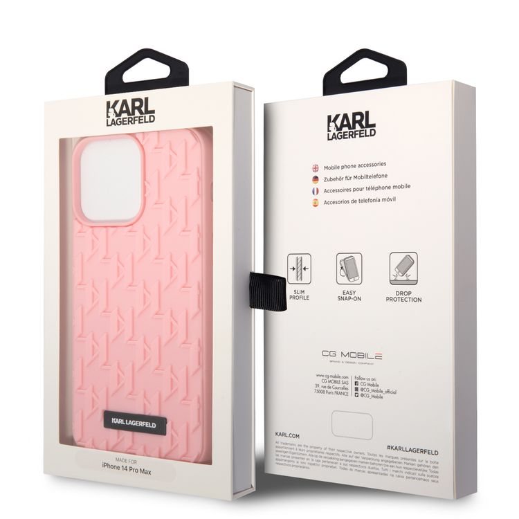 Karl Lagerfeld Case with 3D Rubber Monogram Pattern & Metal Plate Logo iPhone 14 Pro Max Compatibility - Pink