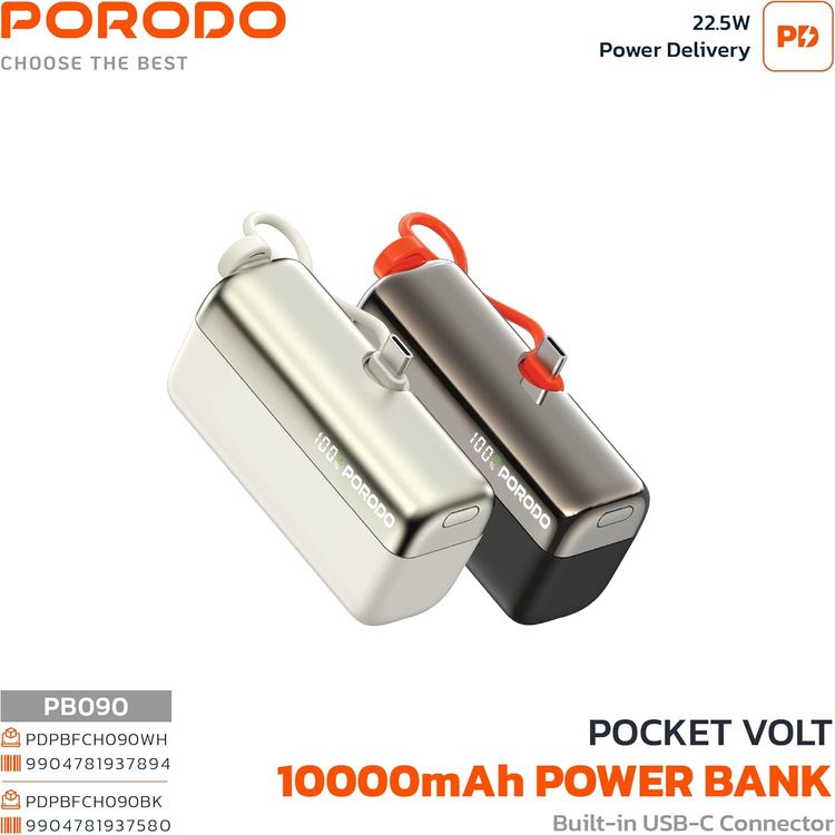 Porodo Pocket Volt 10000mAh Power Bank with Built-in Type-C Connector, 22.5W Power Delivery, 20W Max Lightning Output, Fast Charging Support, Compact Design, 15W Total Output - Black