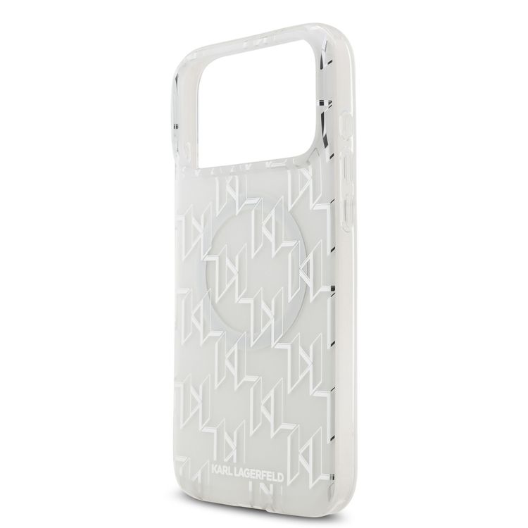 كفر كارل لاغرفيلد ماجسيف IML بتصميم مكرر لشعار كارل مطلي بالكهرباء لجهاز آيفون 17 برو ماكس، بروفايل نحيف، حماية من السقوط، سهل التركيب، تغليف مستدام، مسكة مريحة، تصميم خفيف الوزن - أبيض